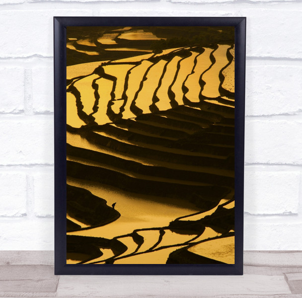 China Rice Terraces Yuanyang Water Yellow Gold Abstract Golden Wall Art Print