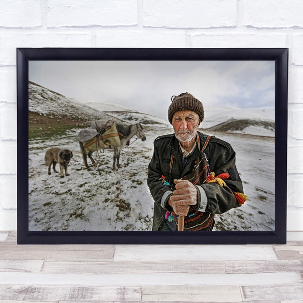 Documentary Shepherd Donkey Dog Stick Cane Old Age Winter Snow Wall Art Print