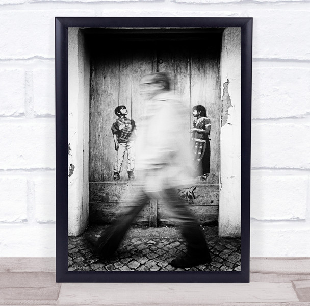 Johnnie Walker kids on wall man walking blurry black and white Wall Art Print