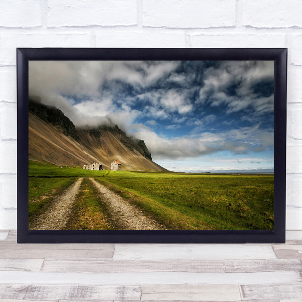 Landscape Abandoned Iceland Sky Clouds Buildings Path Road Way Wall Art Print