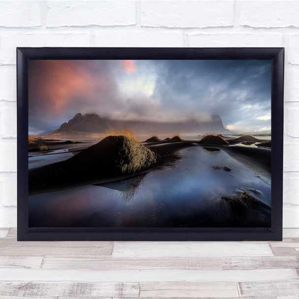 Stokksnes Iceland Fog Mist Haze Clouds Drama Dramatic Mountain Wall Art Print