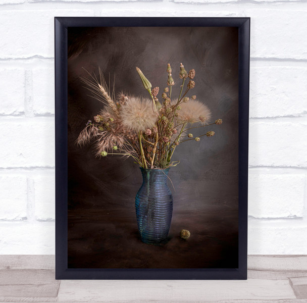 Wildflowers Vase Background Plain Colours Spring Dark Painting Wall Art Print