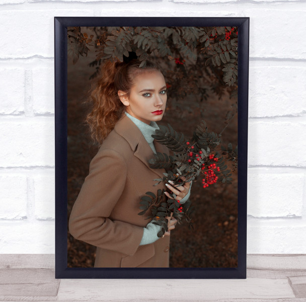 Woman Girl Model Portrait Coat Leaves Leaf Autumn Fall Outside Wall Art Print