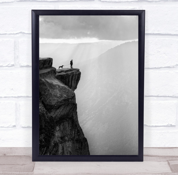 Yosemite cliff edge man and dog Park Taftpoint National Valley Wall Art Print