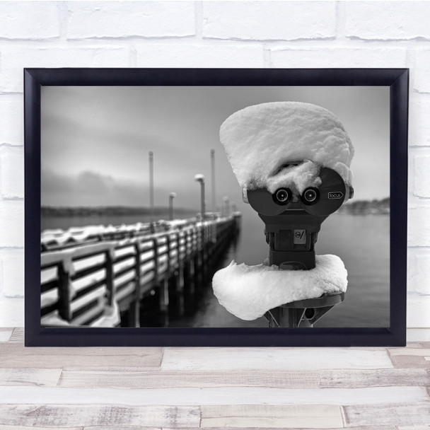 Binoculars Jetty Pier Bridge Footbridge Black & White Winter Snow Cold Print