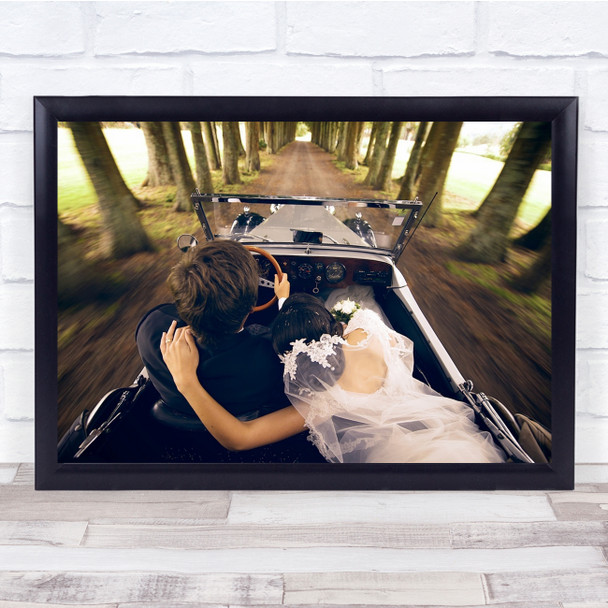 Car Wedding Marriage Classic Vintage Speed Motion Bride Groom Wall Art Print