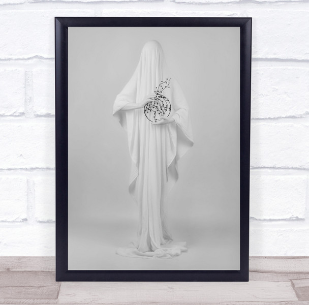 creepy all white person in robe holding black circular flower Wall Art Print