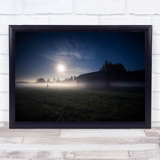 Finland Night Moon Stars Clouds Field Fog Mist Haze Barn Farm Wall Art Print