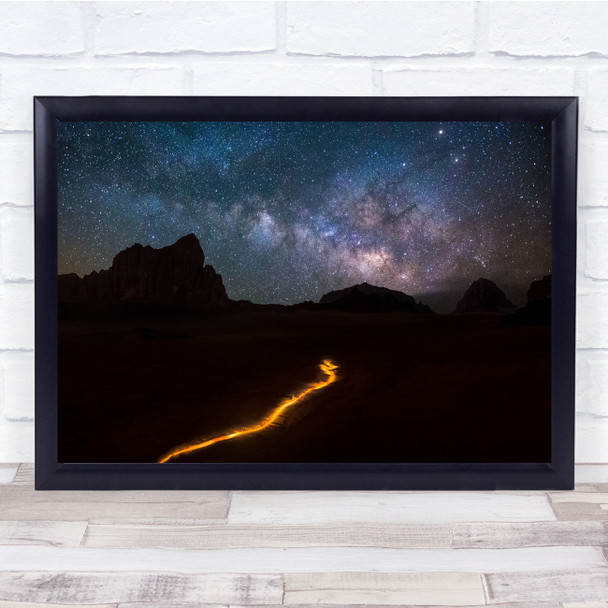 Galaxy in the Sky Mountain Silhouette Light Trail Road Yellow Wall Art Print