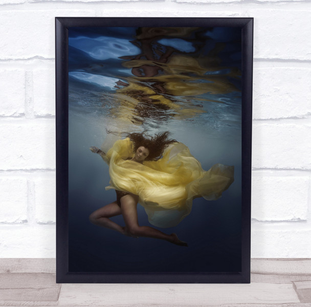 Girl Flower Dress Underwater Swim Dive Water Blue Yellow Lily Wall Art Print