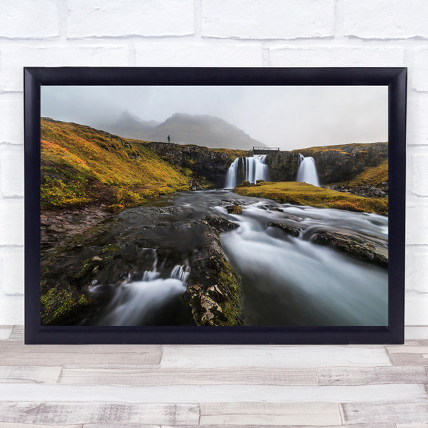 Iceland Kirkjufellsfoss River Stream Man Person Rain Mountain Wall Art Print