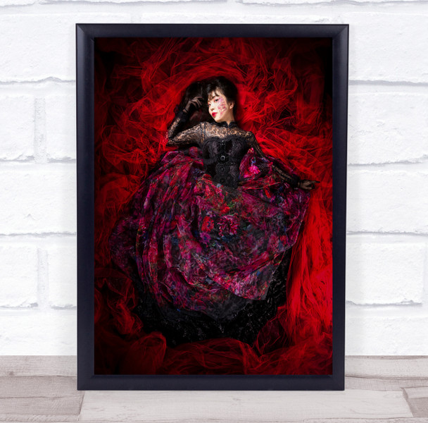 Model Beauty Portrait Girl Woman Lay Laying Red Dress Fashion Wall Art Print