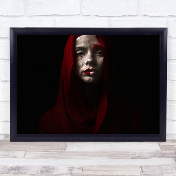 Red Veil Cloak Cape Robe Lipstick Face Paint Painted Portrait Wall Art Print