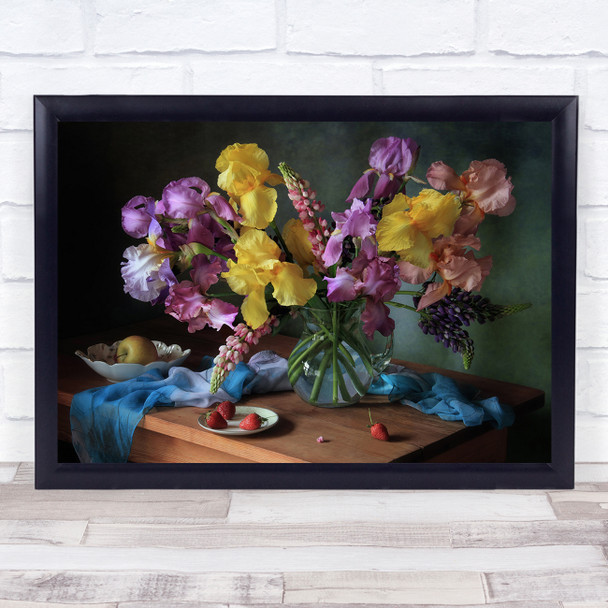 Still Life Bouquet Flowers Decor Indoor Fruits Berries Irises Wall Art Print