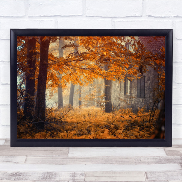 Tree Fog Autumn Mist Leaves Leaf Woods Light Shadow Path Fall Wall Art Print