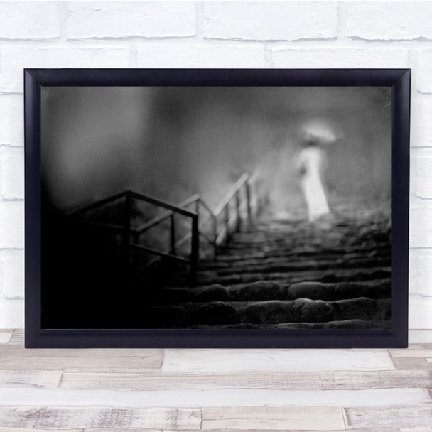 Black & White Mood Woman Umbrella Walking Rain Stairs Blurry Wall Art Print