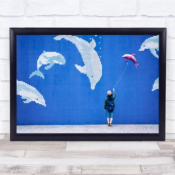 Blue Wall Facade Dolphin Dolphins Girl Balloon Street Flight Wall Art Print
