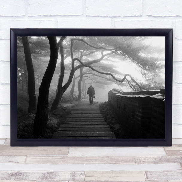 Foggy Castle Pine Fog eerie tree black and white man on path Wall Art Print