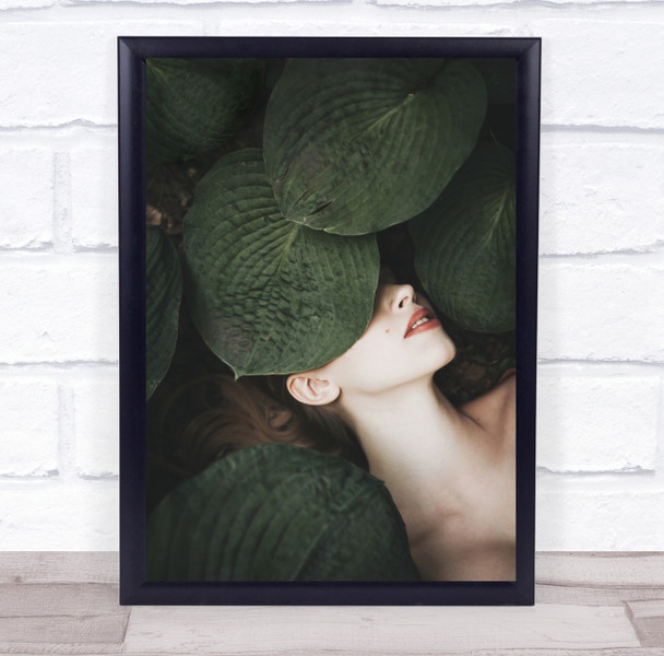 Model Woman Laying Leaves Leaf Green Lips Hide Hiding Hidden Wall Art Print