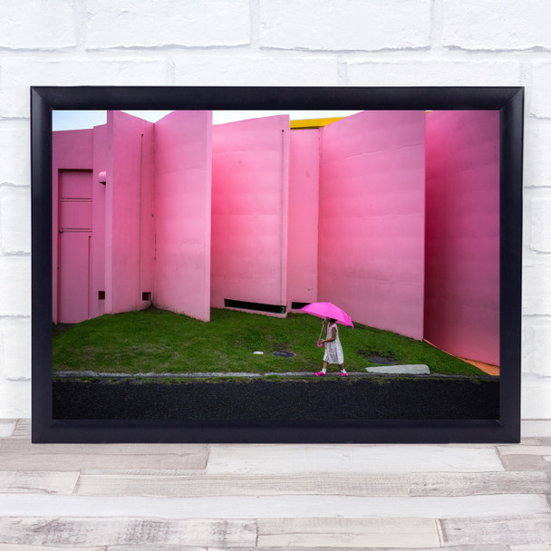 Pink Umbrella Street Girl Wall Facade Walk Walking Yoro Park Wall Art Print