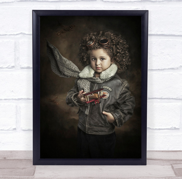 Portrait Child Airplane Toy Toys Brown Kid Navigator Aviator Wall Art Print