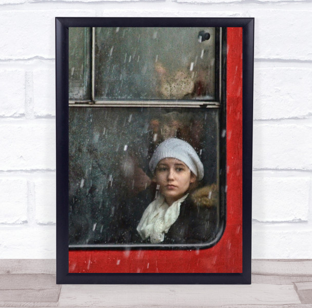 Street Bus Rain Raining Hat Passenger Tram Window Person Red Wall Art Print