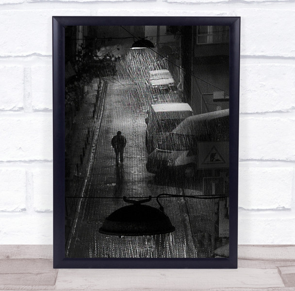 Rain Rainy Raining Wet Weather Man Figure Street Night Walk Wall Art Print