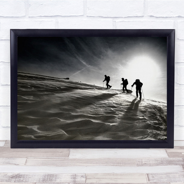 Skiing Winter Snow Action Silhouette Trio Sun Black & White Wall Art Print