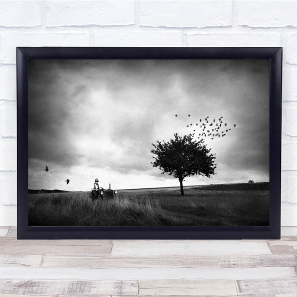 Summer Road Tree Birds Landscape Tractor Farmer Black White Wall Art Print