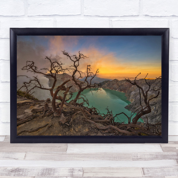 Sunrise Landscape Crater Mountain Trees Branches Lake Decay Wall Art Print