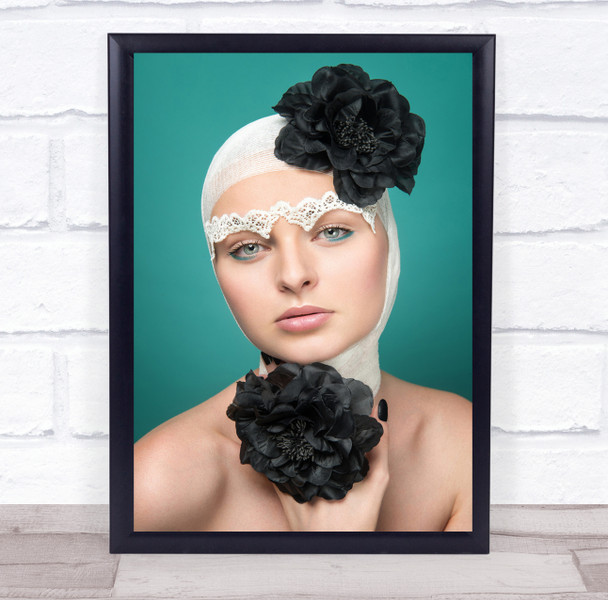 Teal Turquoise Model Flower Fashion Lace Face Portrait Girl Wall Art Print