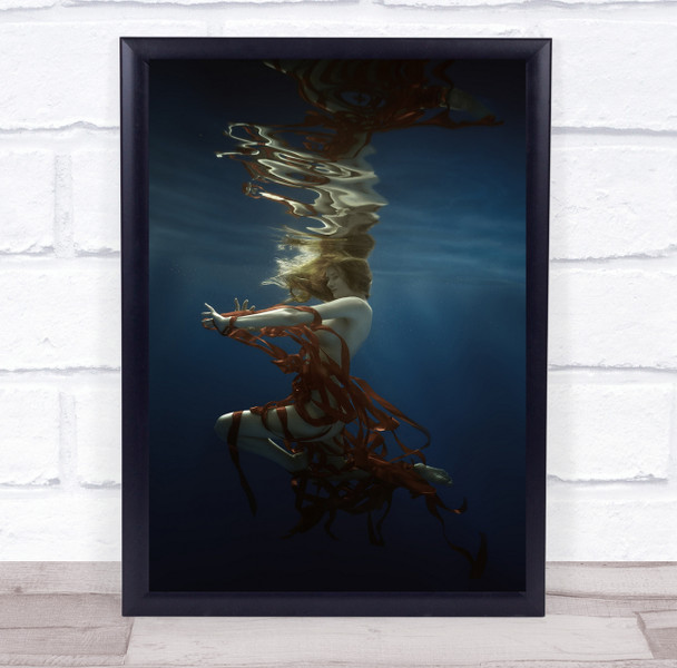 Girl Dress Ribbon Underwater Swim Dive Light Darkness Blue Wall Art Print
