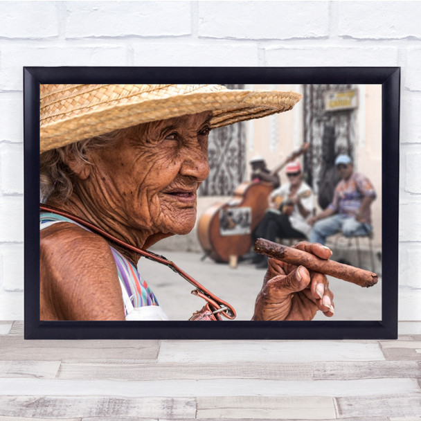 Lines Lady Old Cigar Hat Cuba Musicians Bass Guitar Singer Wall Art Print