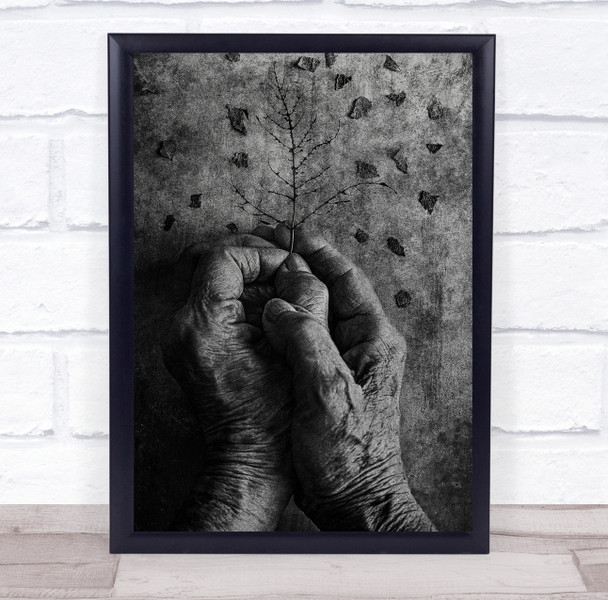 Old Hand Conceptual Time tiny brach nature black and white Wall Art Print