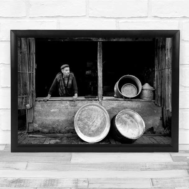 Man Old Shop Bowls Metal Tin Maker Black & White Workshop Wall Art Print Man Old Shop Bowls Metal Tin Maker Black & White Workshop Wall Art Print