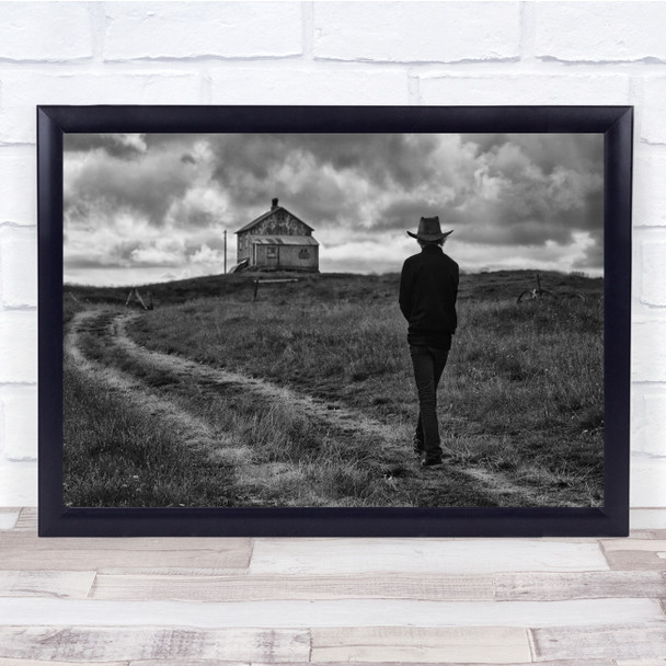 Iceland Abandoned Man Farmhouse Hat Cowboy Black & White Wall Art Print