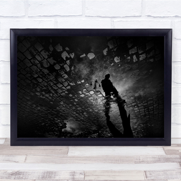 Puddle Reflection Cobblestones Cobblestone Shadow Person Wall Art Print