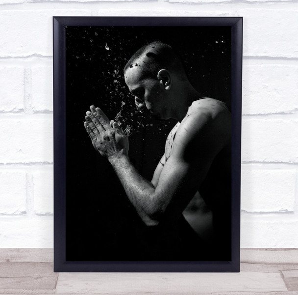Half naked man water in hands splashing black and white Wall Art Print