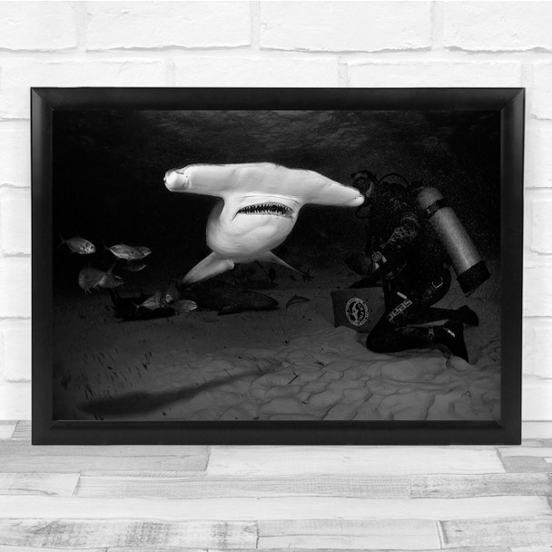 Landscape Black White Hammerhead Shark Scuba Diver Dark Wall Art Print