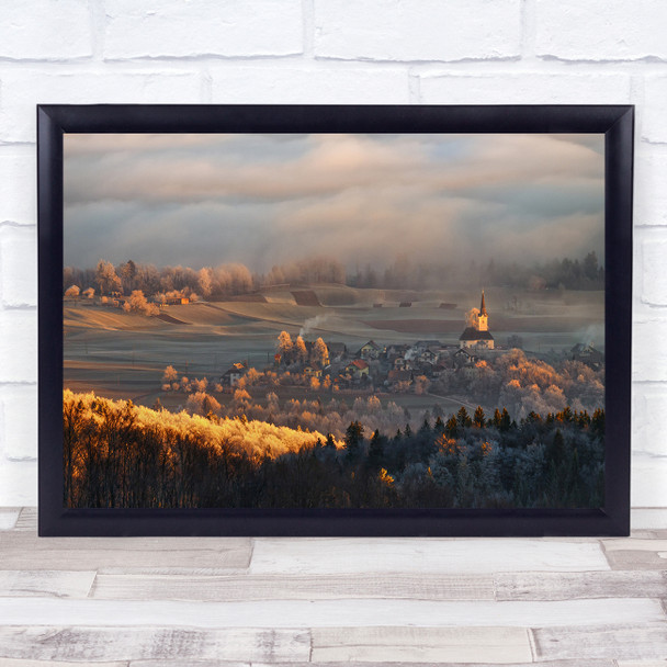 Winter Morning Frost Sunrise Church Village Mist Clouds Wall Art Print