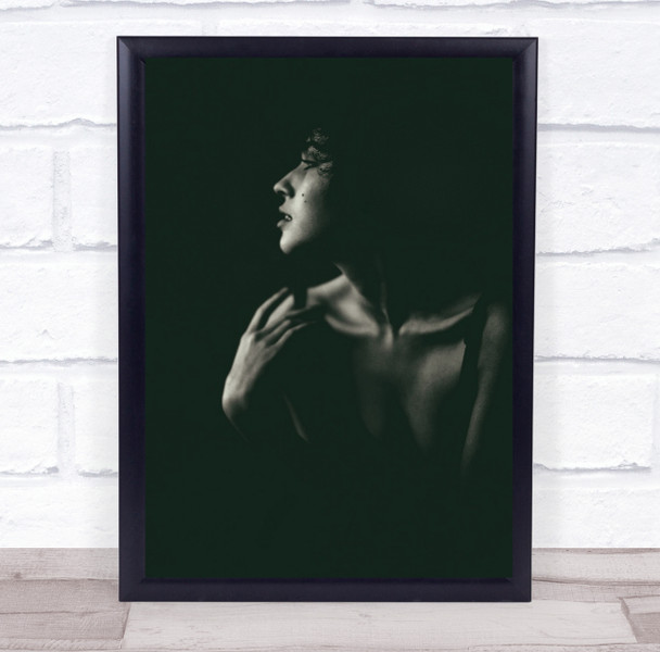 Woman side view black and white hand raised collar bone Wall Art Print Woman side view black and white hand raised collar bone Wall Art Print