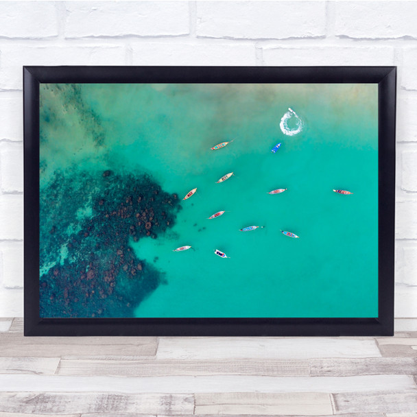 Aerial Above Boats Ocean Sea Coastal Raft Coral Splash Wall Art Print