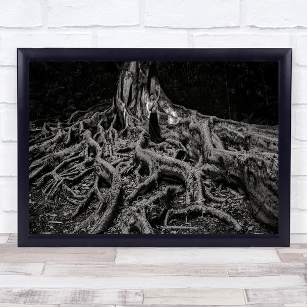 Black & White creepy tree roots man religious standing Wall Art Print