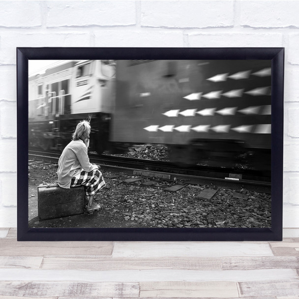 Street Black White Old Man Trunk Train Railway Station Wall Art Print