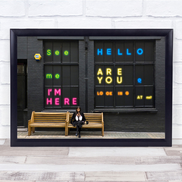 Neon Sign Bench Benches Street Girl Woman Black Walls Wall Art Print