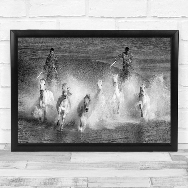 Panoramic Horses Camargue France Splash Black & White Wall Art Print