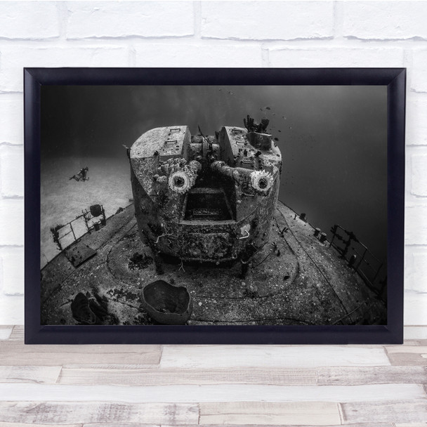 Shipwreck Black & White Underwater Canons Scuba Diver Wall Art Print