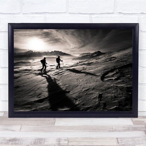 Sunset Alps Skiing Adventure Outdoors black and white Wall Art Print