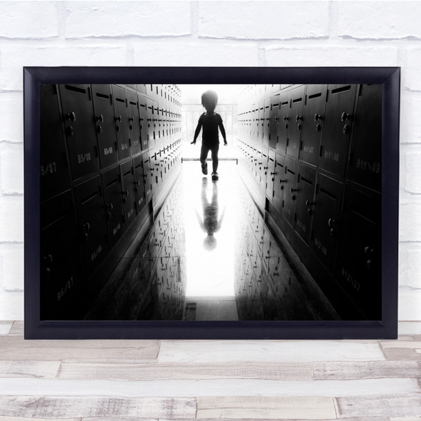 The Arrival Little child silhouette in hallway locker Wall Art Print