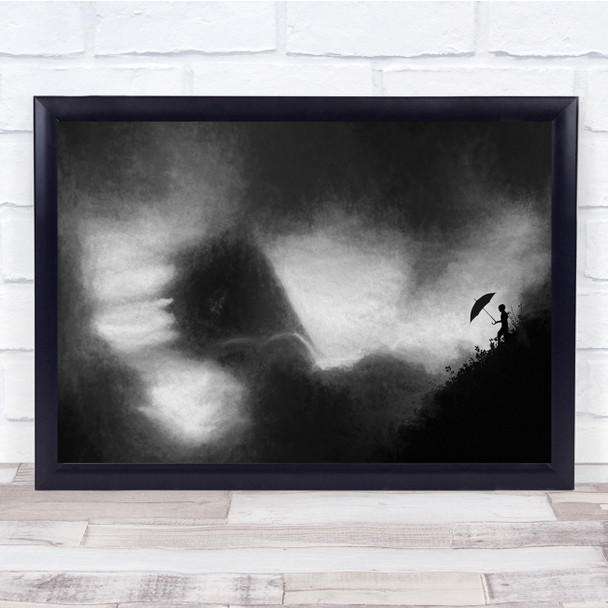 Black & White Walking umbrella grey scale white hill Wall Art Print